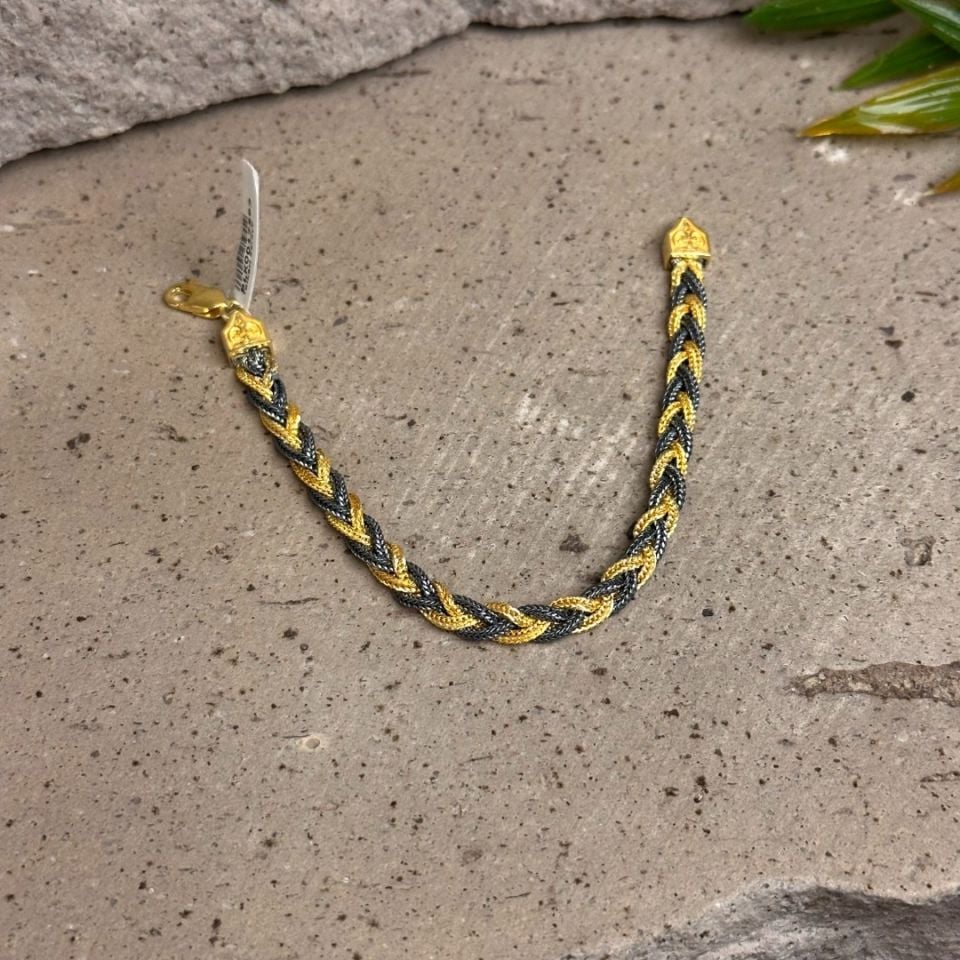 Çift Renk El Örgüsü 925 Ayar Gold Midyat Hasırı Gümüş Bileklik