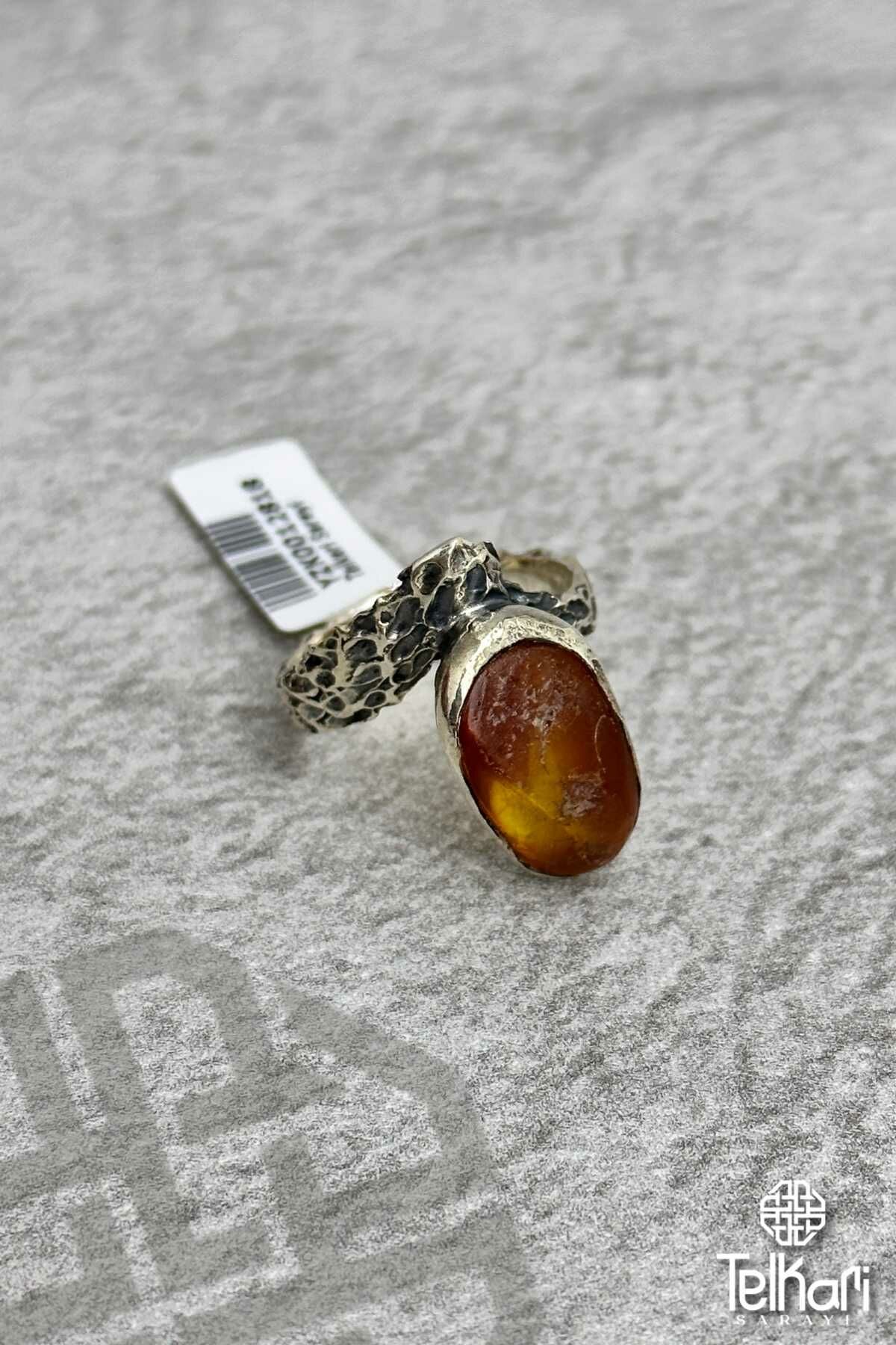 Otantik Damla Kehribar Taşlı Gümüş Yüzük