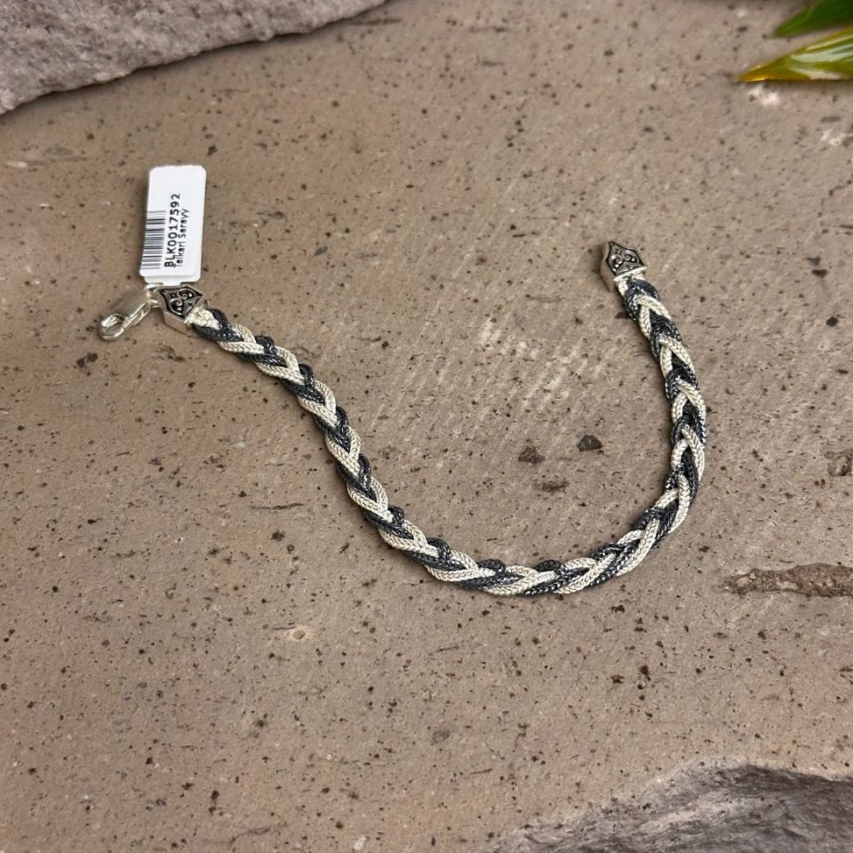 Çift Renk Saç Örgü Model 925 Ayar Midyat Hasırı Gümüş Bileklik