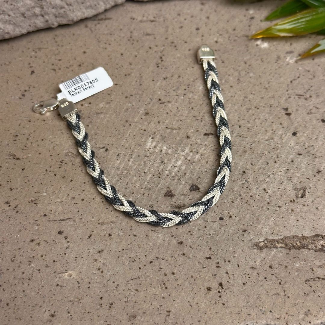 Çift Renk Saç Örgüsü 925 Ayar Midyat Hasırı Gümüş Bileklik