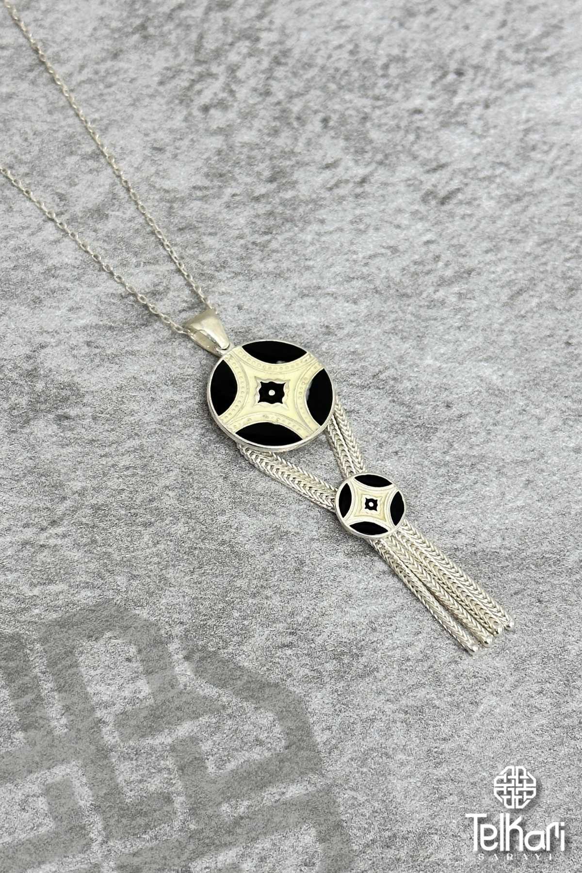 Çift Model Motifli Mine İşlemeli Midyat Hasırı Gümüş Kolye