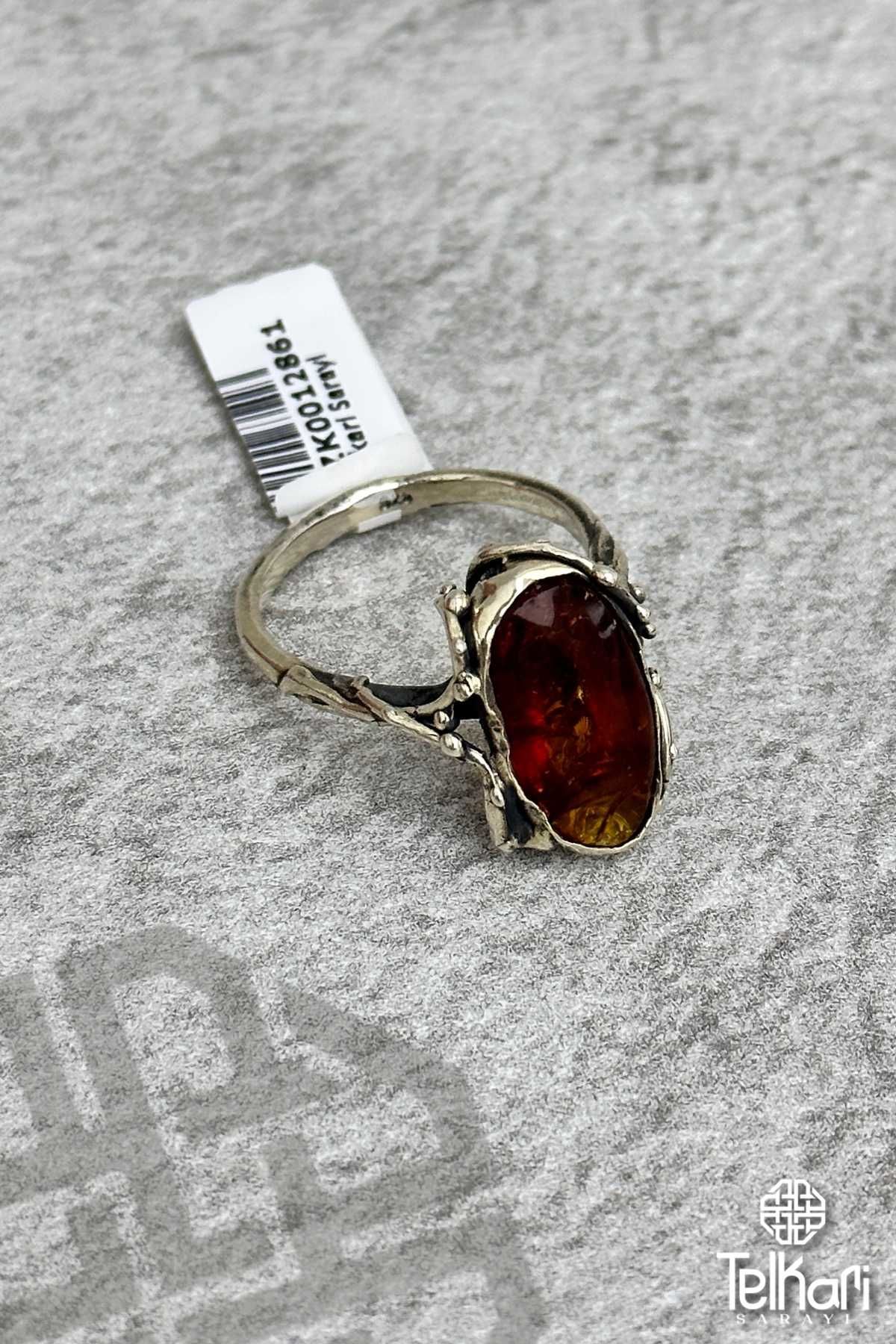 Antik Damla Kehribar Taşlı Gümüş Yüzük
