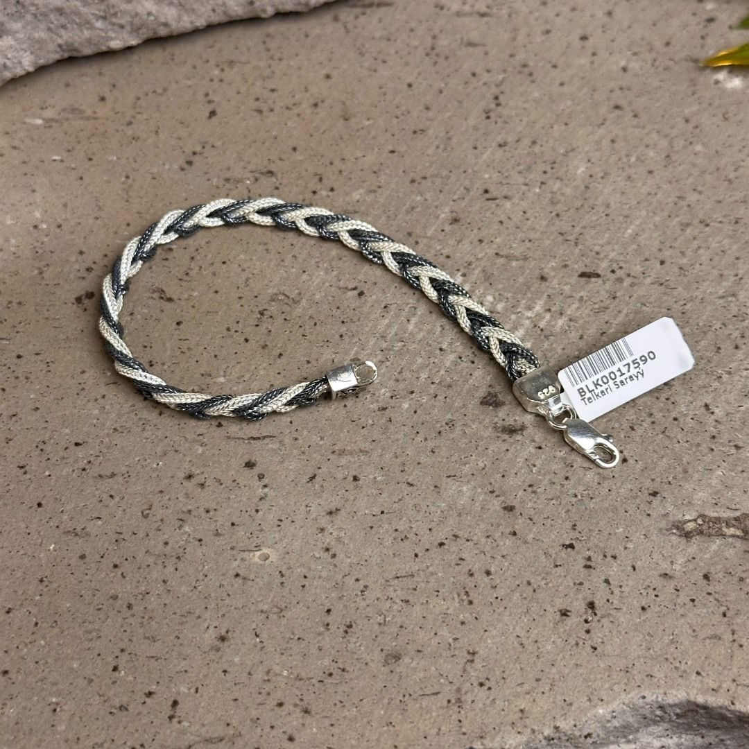 Çift Renk Örgü Model Midyat Hasırı Kadın Gümüş Bileklik