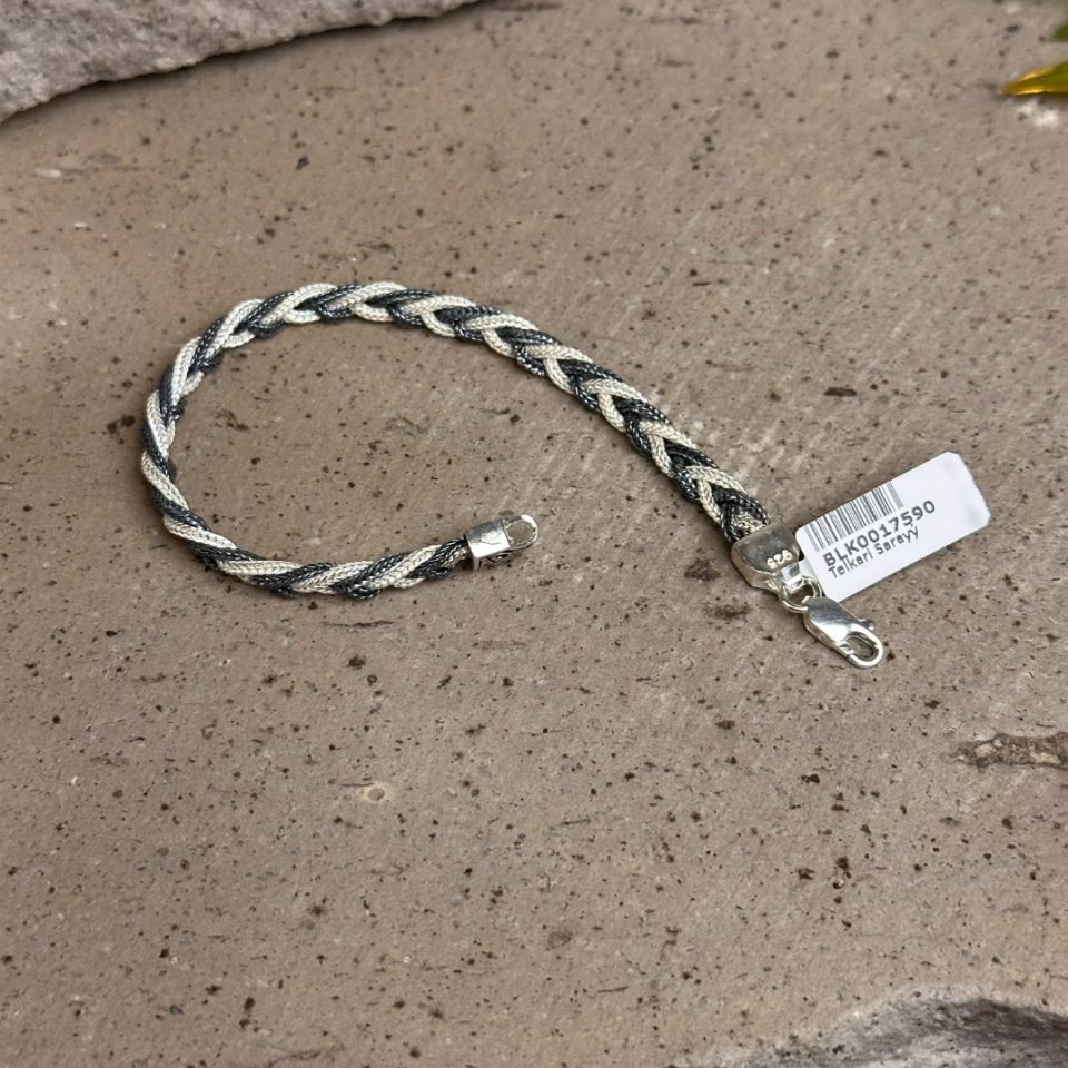 Çift Renk Örgü Model Midyat Hasırı Kadın Gümüş Bileklik