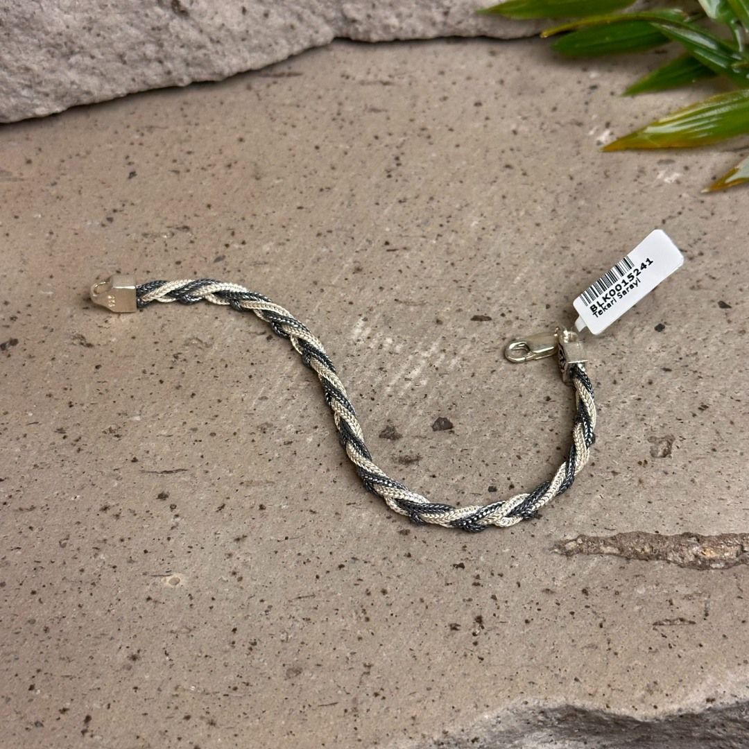 Çift Renkli Saç Örgü Model 925 Ayar Gümüş Midyat Hasırı Bileklik