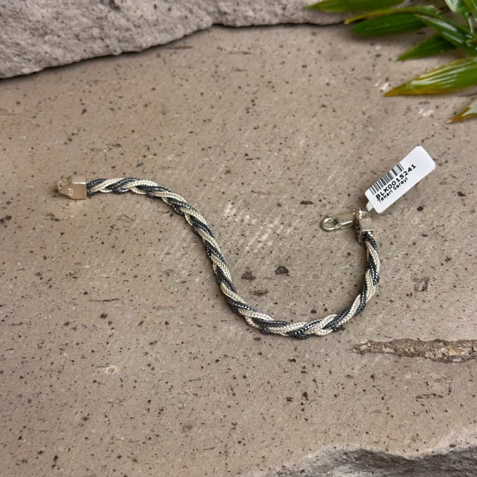 Çift Renkli Saç Örgü Model 925 Ayar Gümüş Midyat Hasırı Bileklik