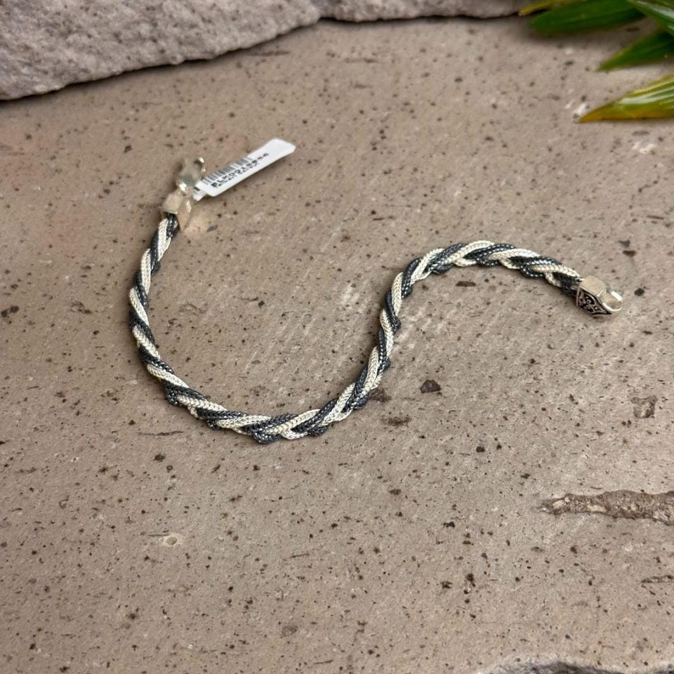 Siyah Beyaz 925 Ayar Midyat Hasırı Gümüş Bileklik