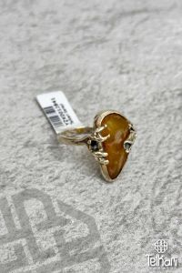 Gül Motifli Damla Kehribar Taşlı Gümüş Yüzük