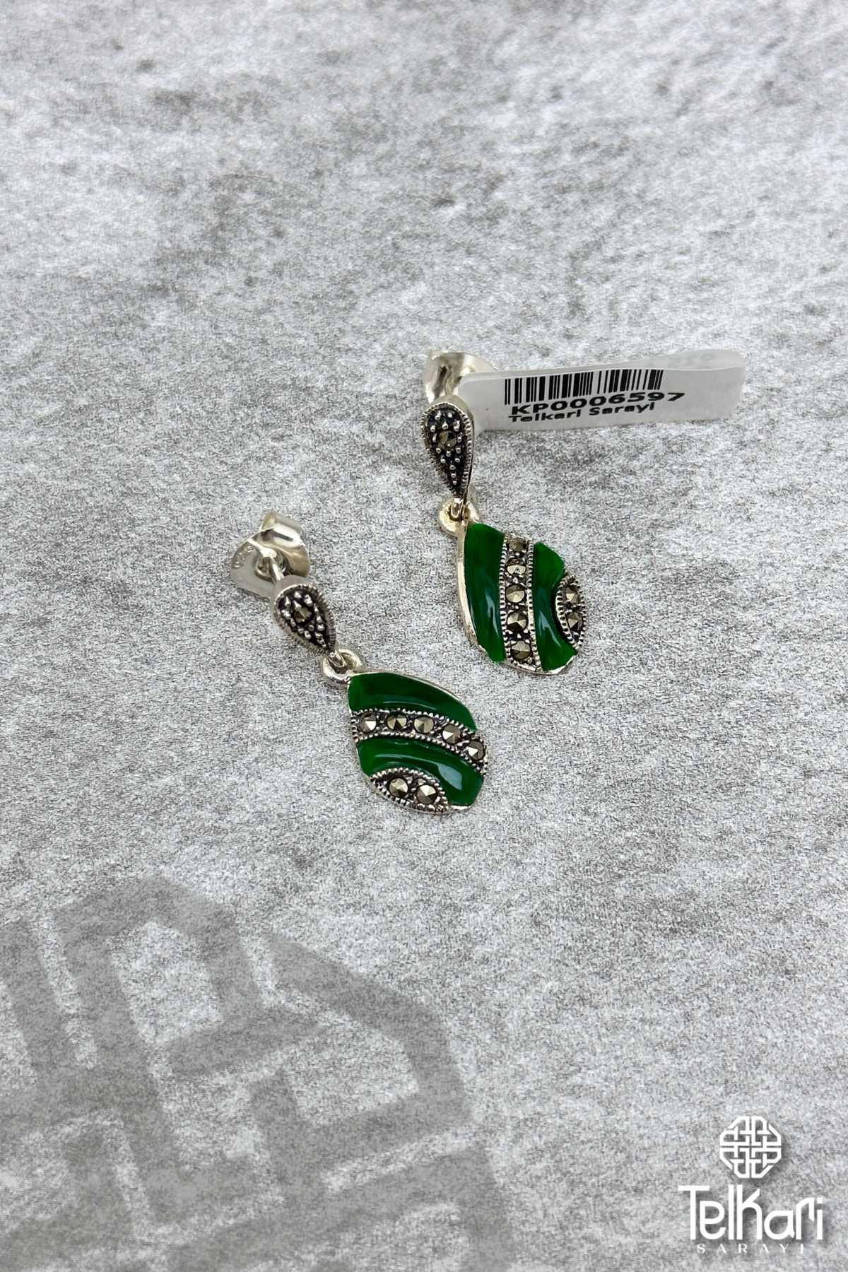 Mekik Model Yeşim Taşlı Gümüş Markazit Küpe