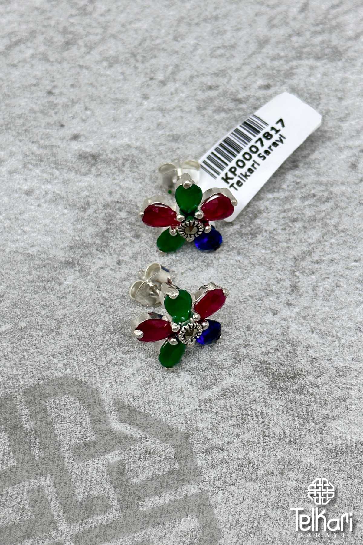 Renkli Taşlı Çiçek Model Gümüş Markazit Küpe