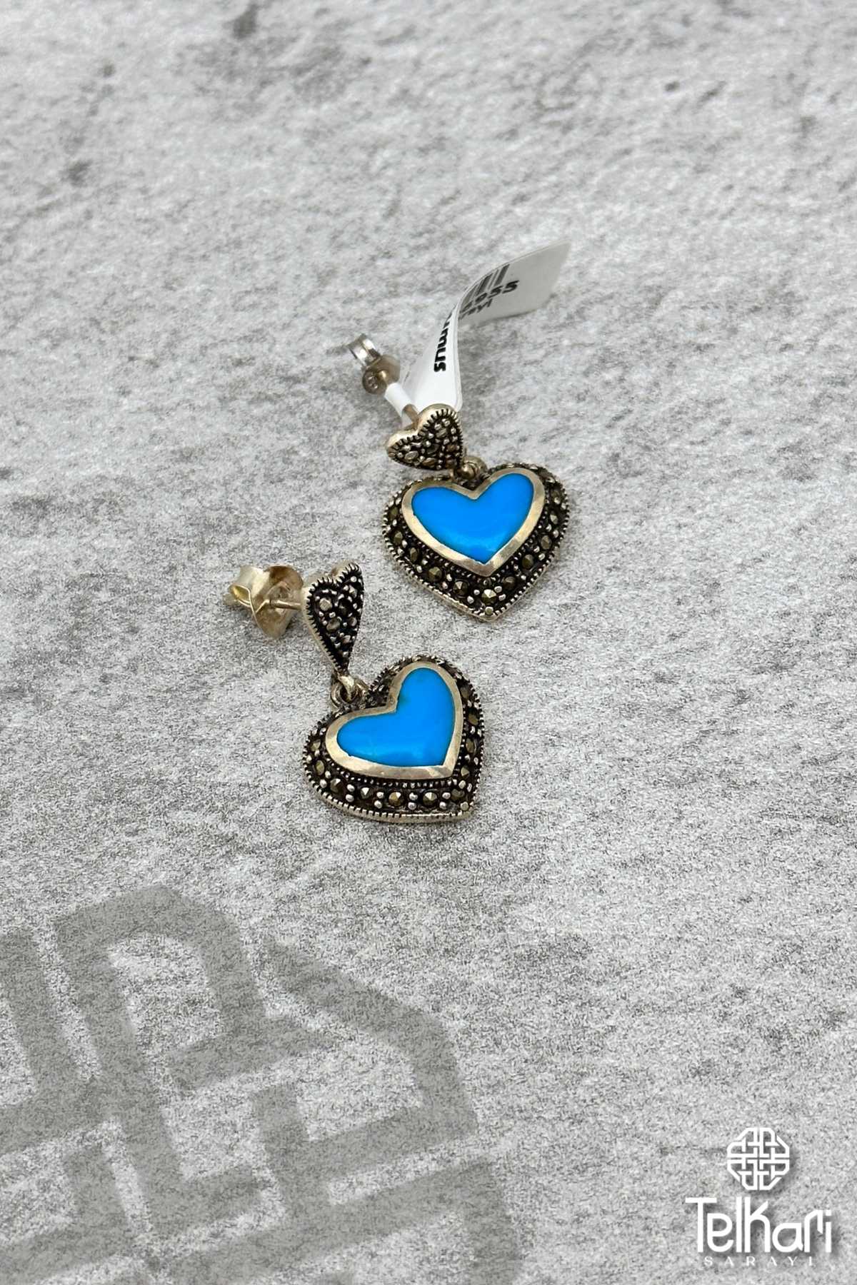 Firuze Taşlı Kalpli Model Gümüş Markazit Küpe