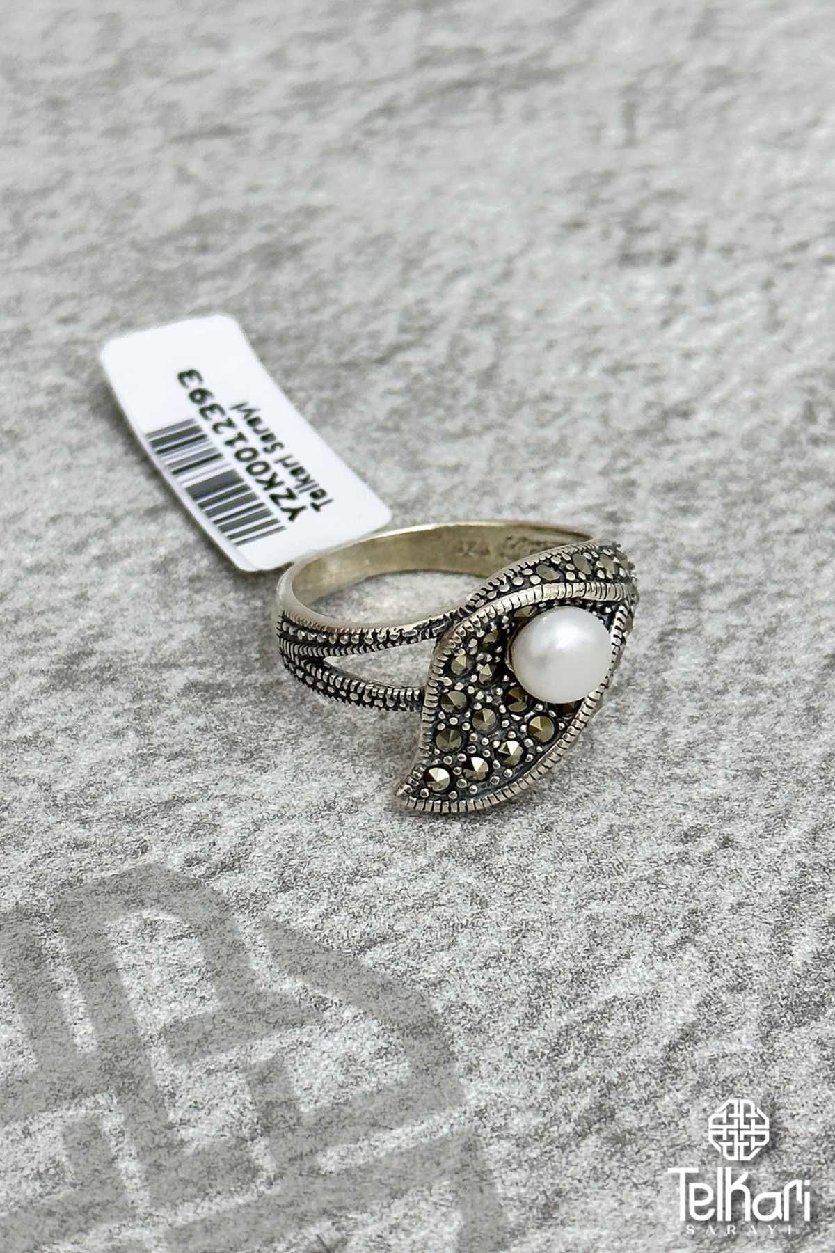 Sedef Taşlı Yaprak Detaylı Markazit Gümüş Yüzük