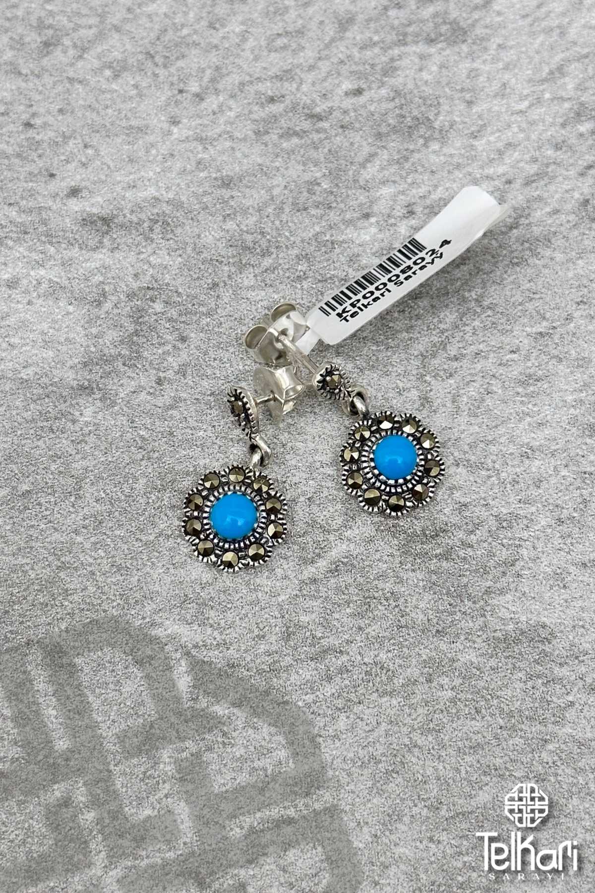 Firuze Taşlı Sallantılı Model Gümüş Markazit Küpe