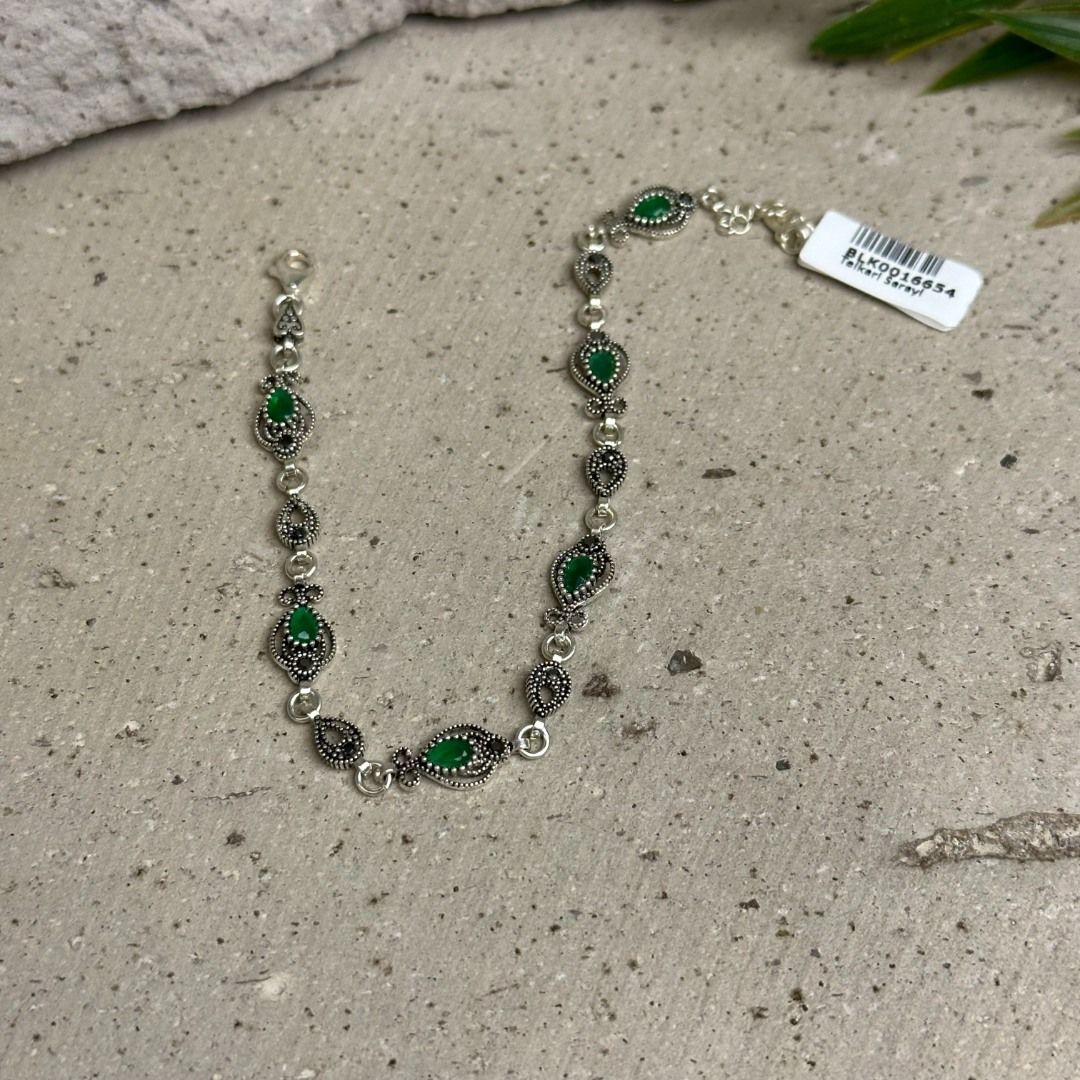 Yeşim Taşlı Zarif Damla Model 925 Ayar Markazit Gümüş Kadın  Bileklik