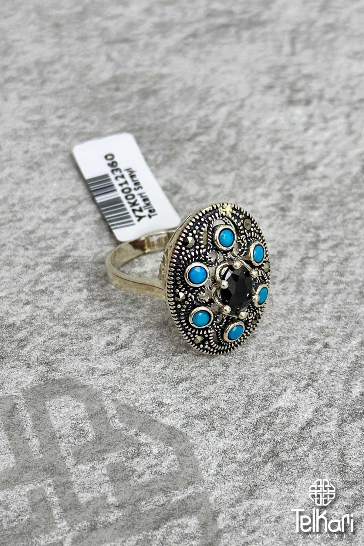 Firuze Ve Safir Taşlı Markazit Gümüş Yüzük