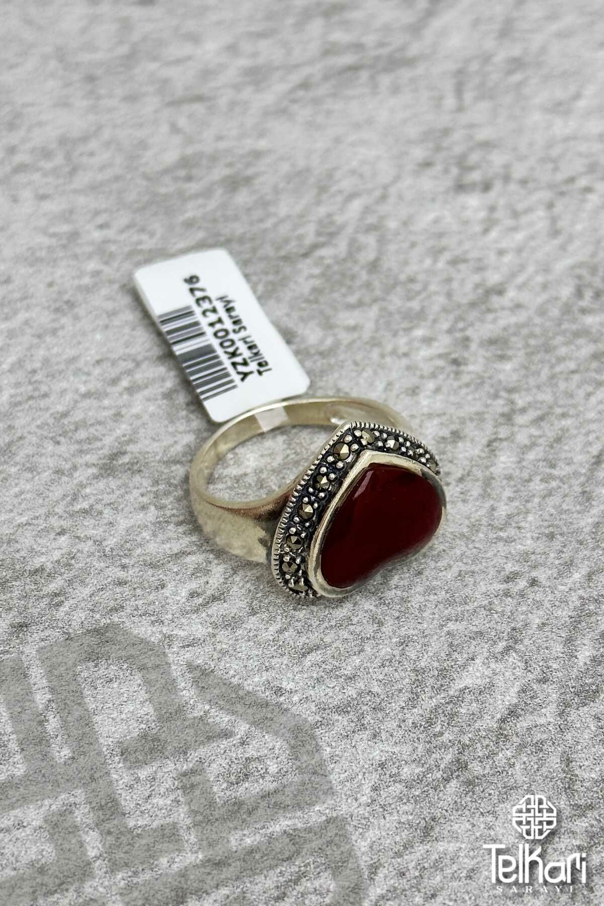 Kalp Model Akik Taşlı Markazit Gümüş Yüzük