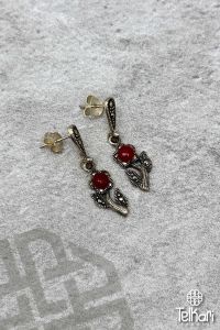 Akik Taşlı Tasarım Çiçek Gümüş Markazit Küpe