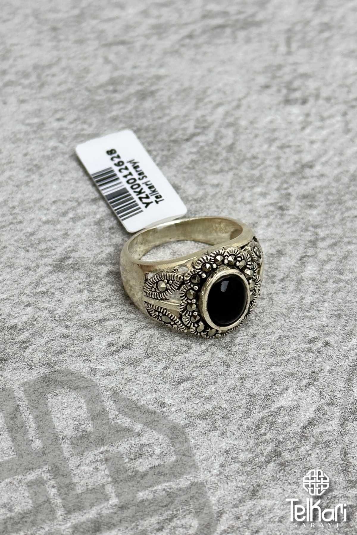 Onix Taşlı  Tasarım Markazit Gümüş Yüzük