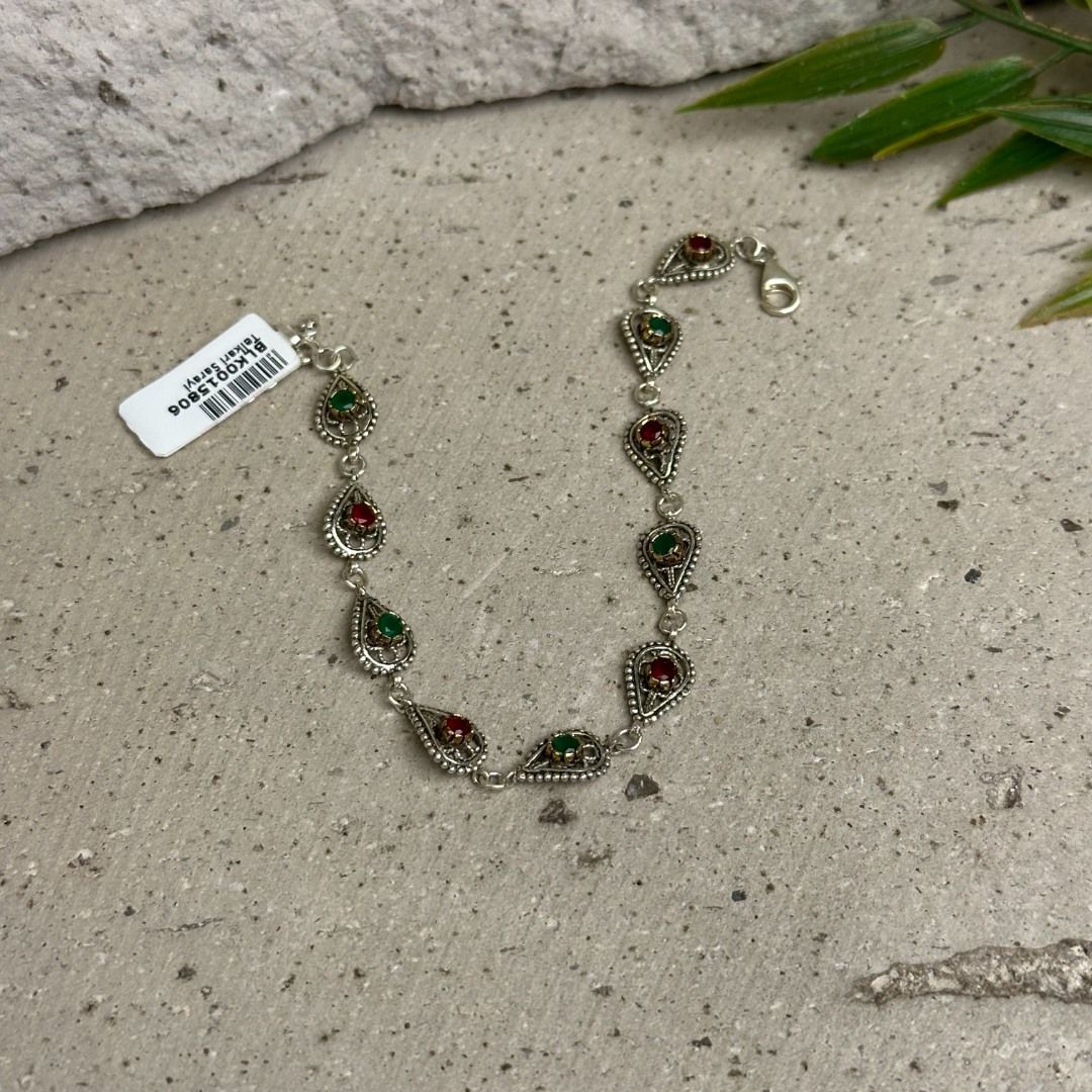 Zümrüt & Yakut Taşlı 925 Ayar Telkari Gümüş Kadın Bileklik