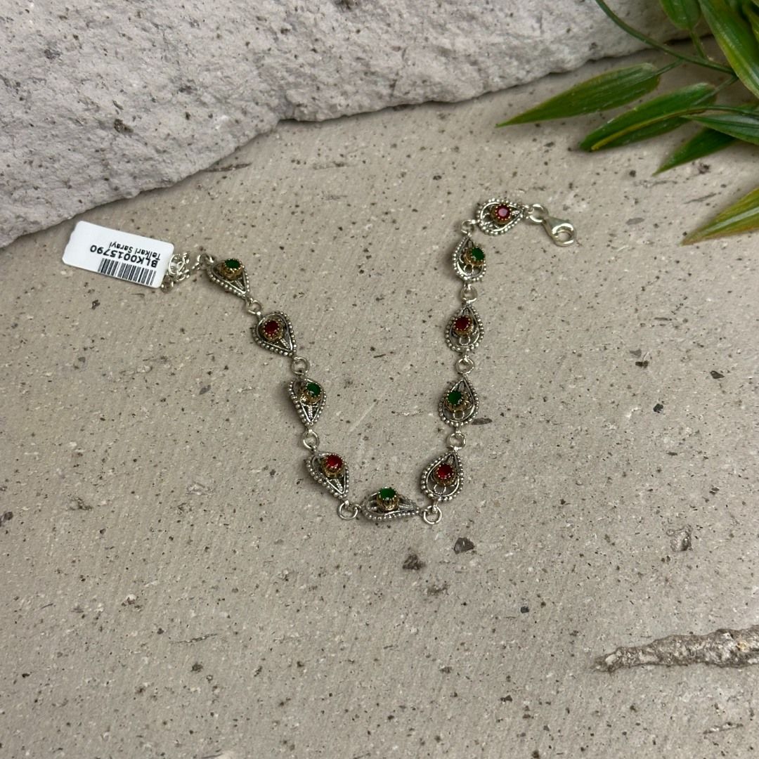 925 Ayar Telkari Damla Model Yakut & Zümrüt Taşlı Gümüş Kadın Bileklik