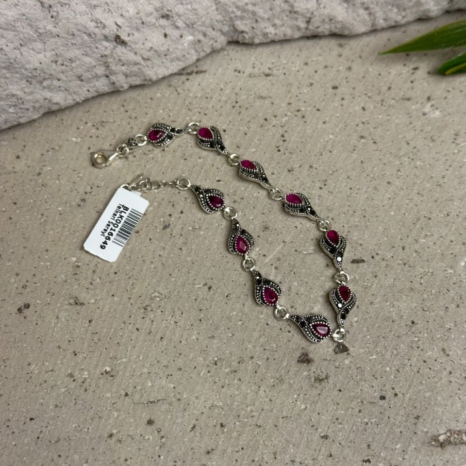 925 Ayar Lale İçinde Yakut Taş Gümüş Markazit Kadın Bileklik