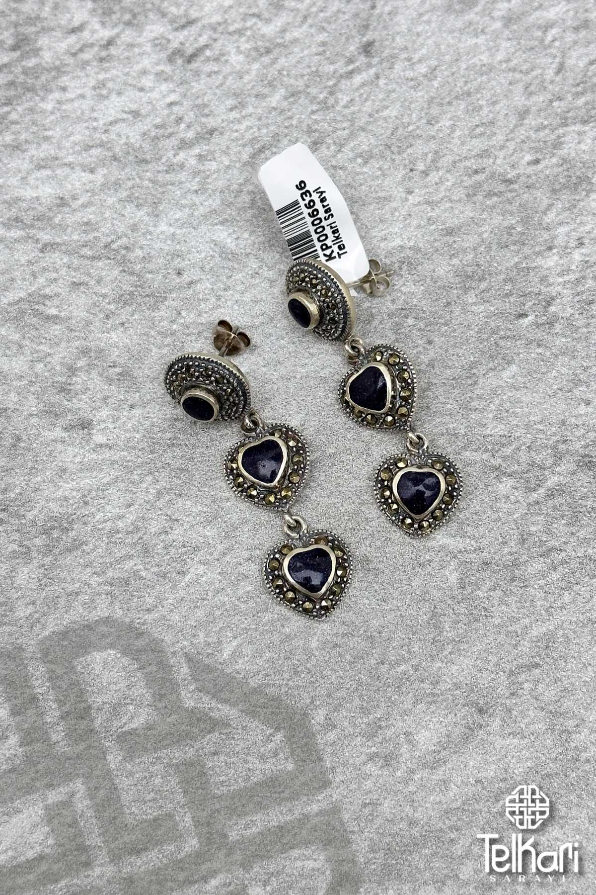 Sallantılı Kalp Taşlı Gümüş Markazit Küpe