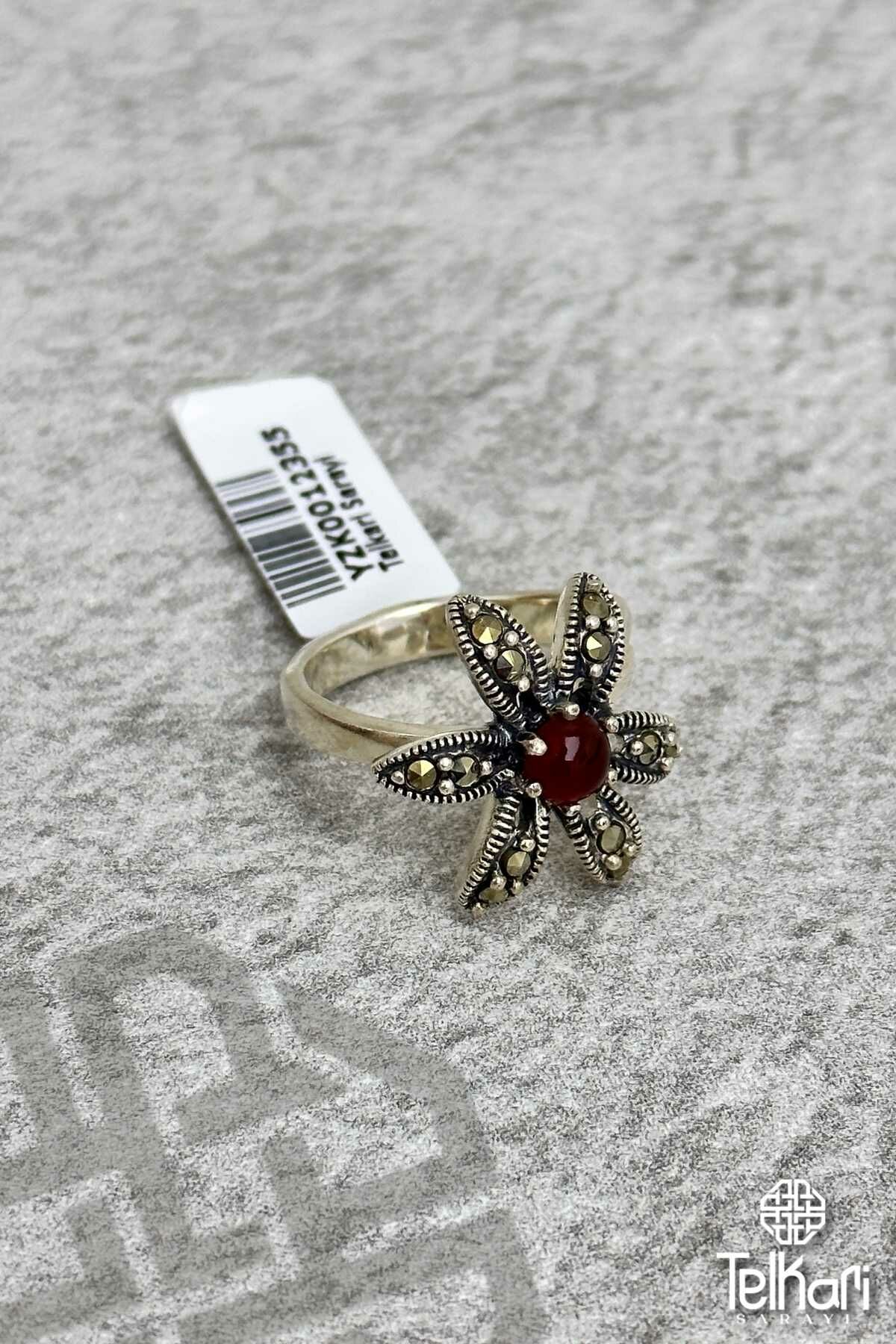 Çiçek Model Akik Taşlı Markazit Gümüş Yüzük