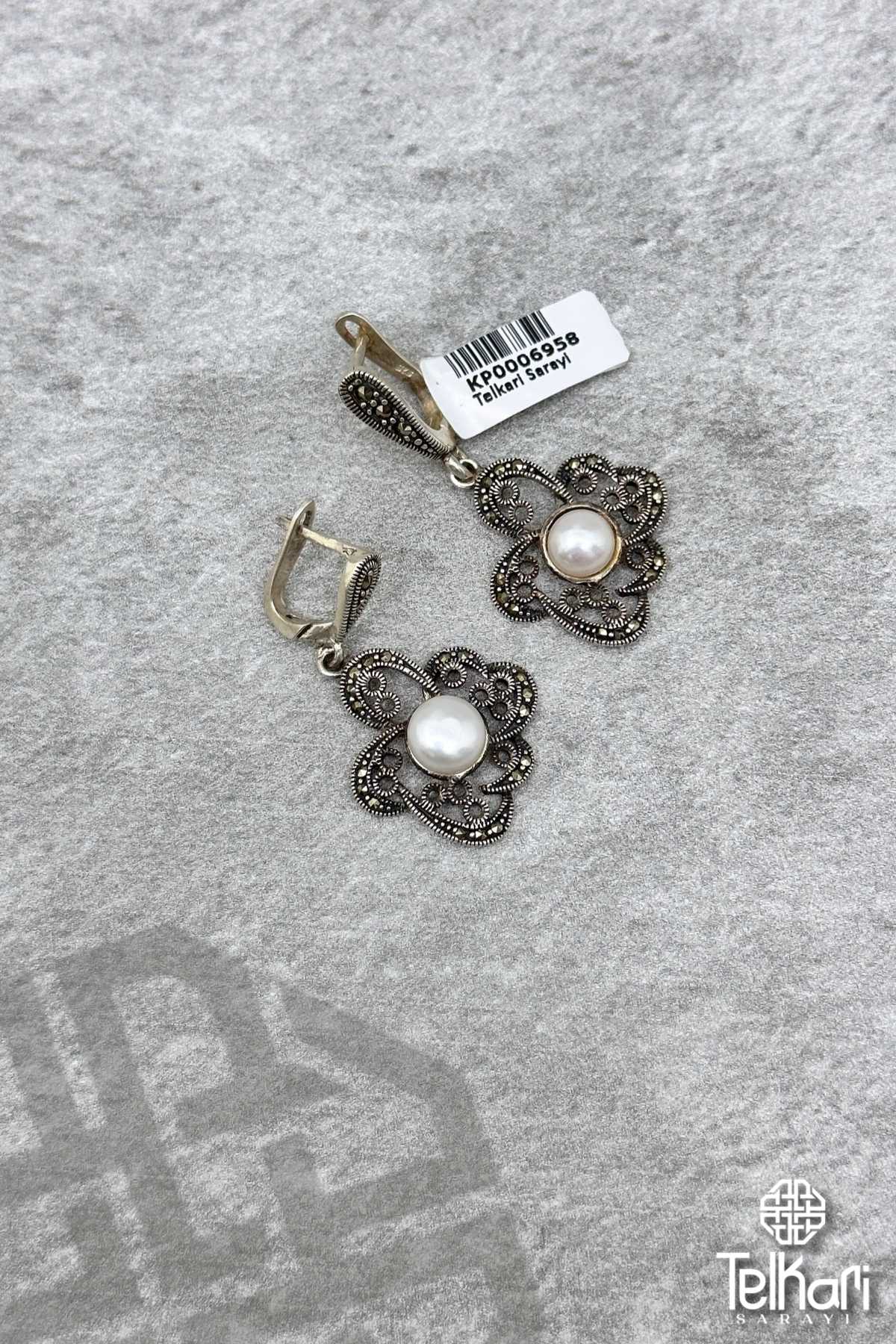 İnci Detaylı Gümüş Markazit Küpe