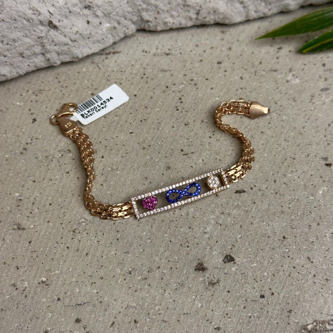 925 Ayar Rose Zirkon Taşlı Kalp Sonsuzluk Çiçek Figürlü Gümüş Bileklik