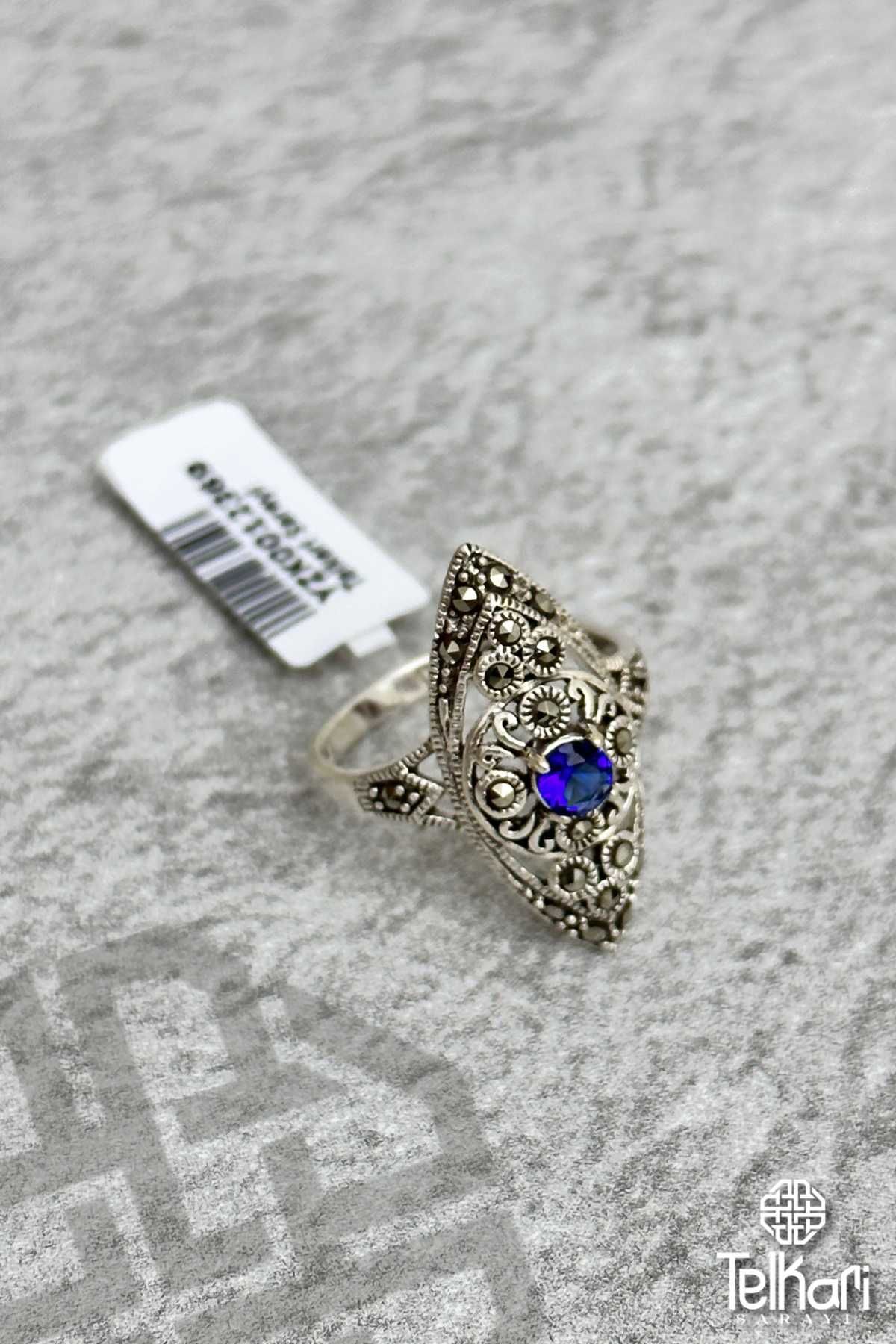 Uzun Mekik Model Safir Taşlı Markazit Gümüş Yüzük