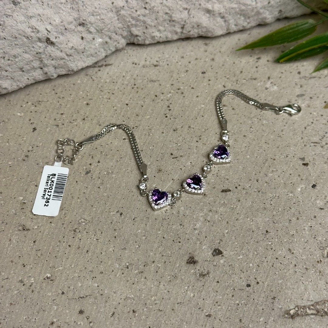 925 Ayar  Kalpli Mor Kuvars Taşlı Gümüş Bileklik