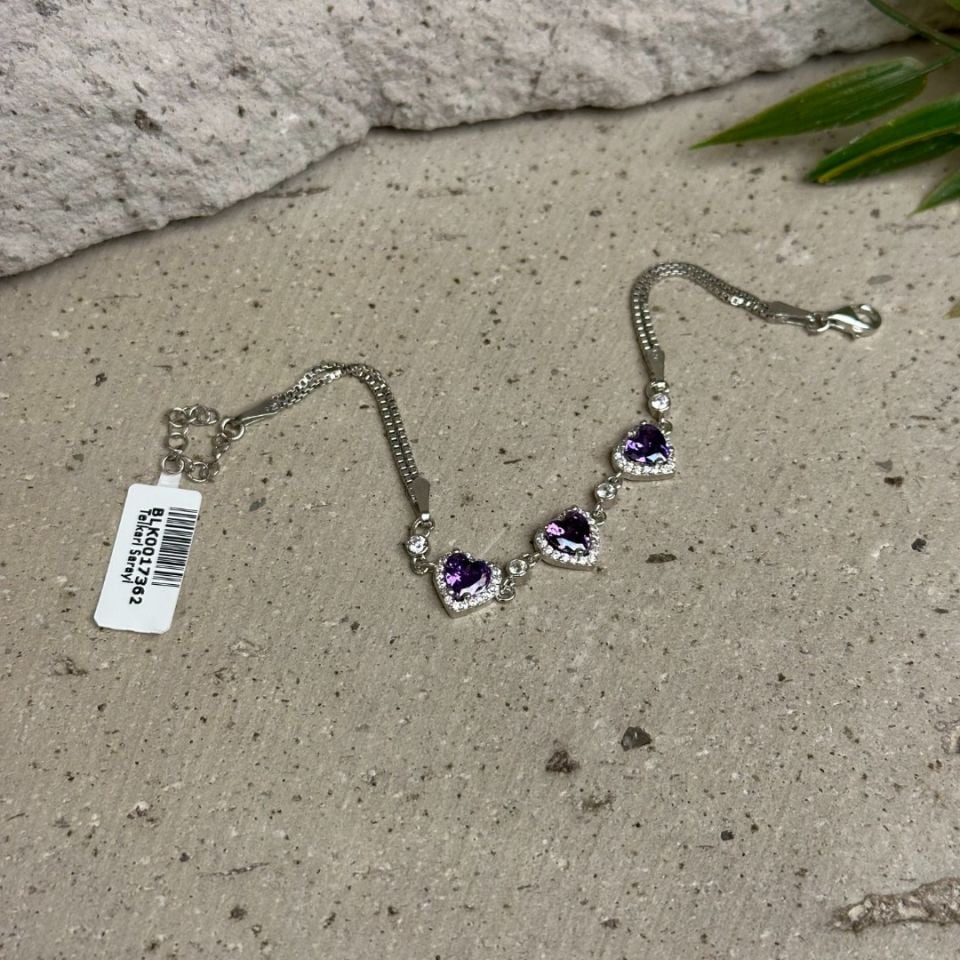 925 Ayar  Kalpli Mor Kuvars Taşlı Gümüş Bileklik