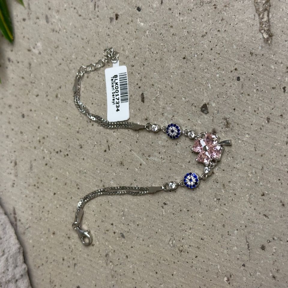 925 Ayar Pembe Taşlı Yonca Model Gümüş Bileklik