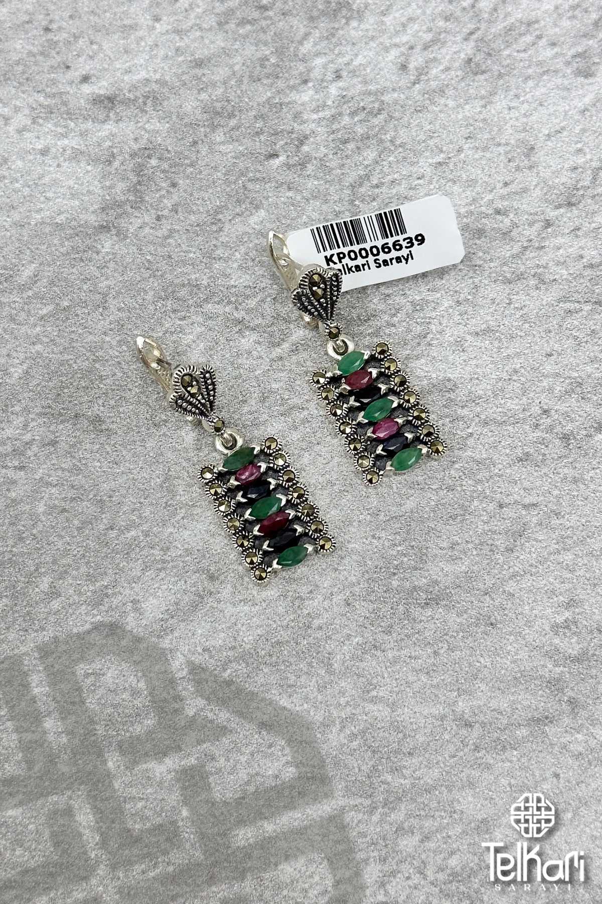 Renkli Taşlı Kare Model Gümüş Markazit Küpe