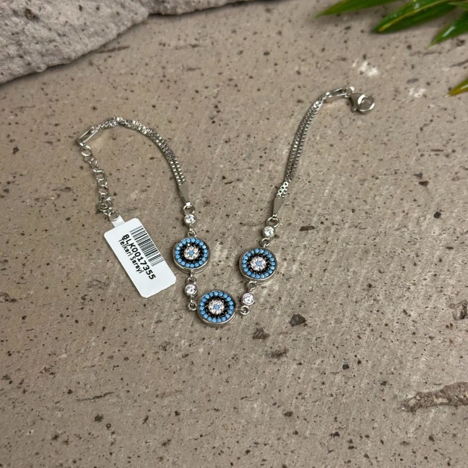 Üçlü Nazar Boncuklu 925 Ayar Gümüş Bileklik