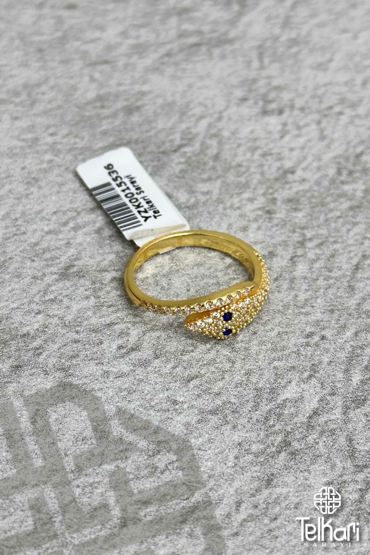 Yılan Başlı Model Taşlı Gold Gümüş Yüzük