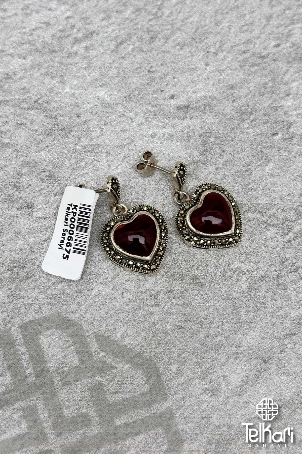 Akik Taşlı Gösterişli Kalp Gümüş Markazit Küpe