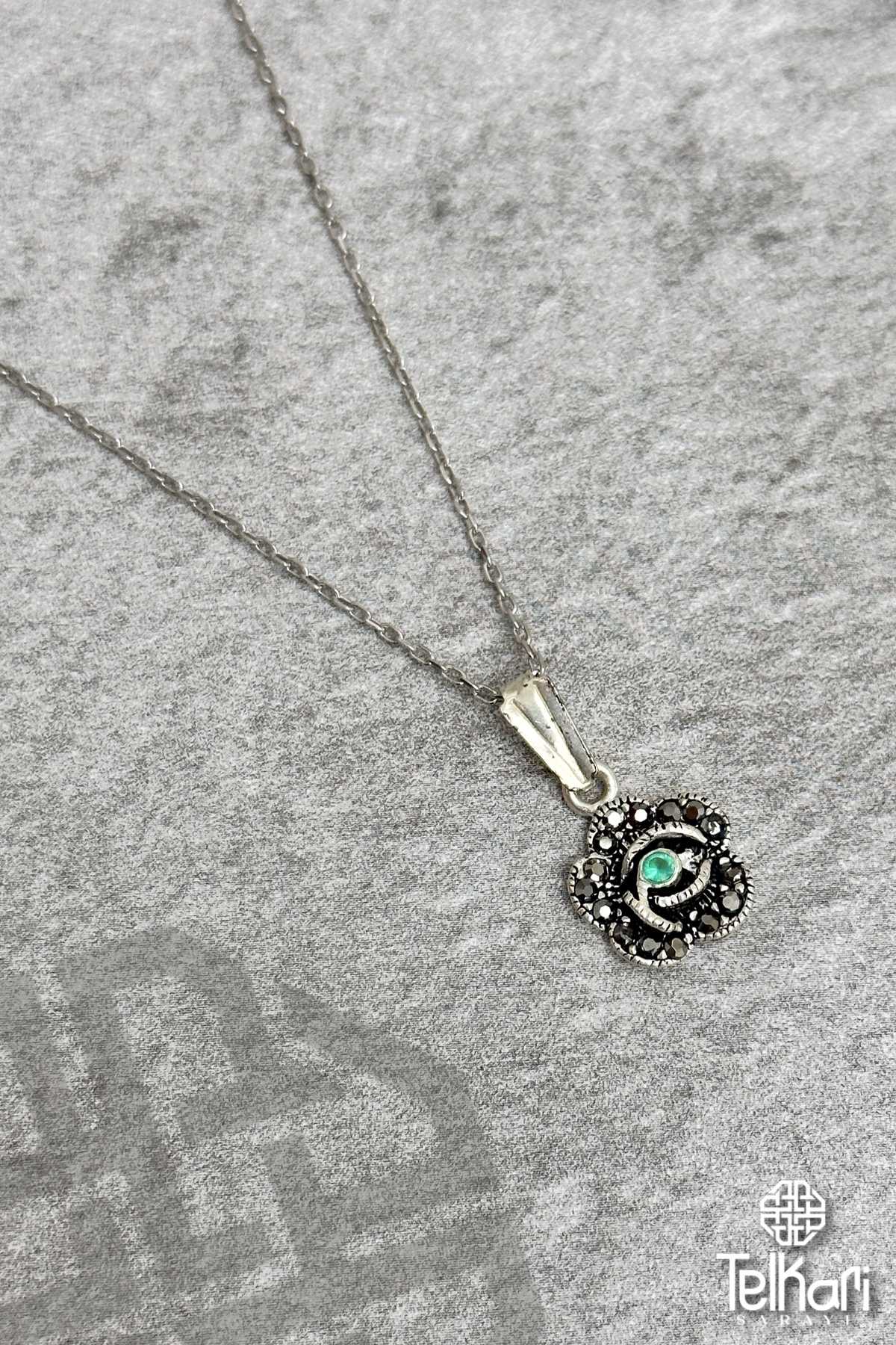 Turkuaz Zirkon Taşlı Markazit Gümüş Kolye