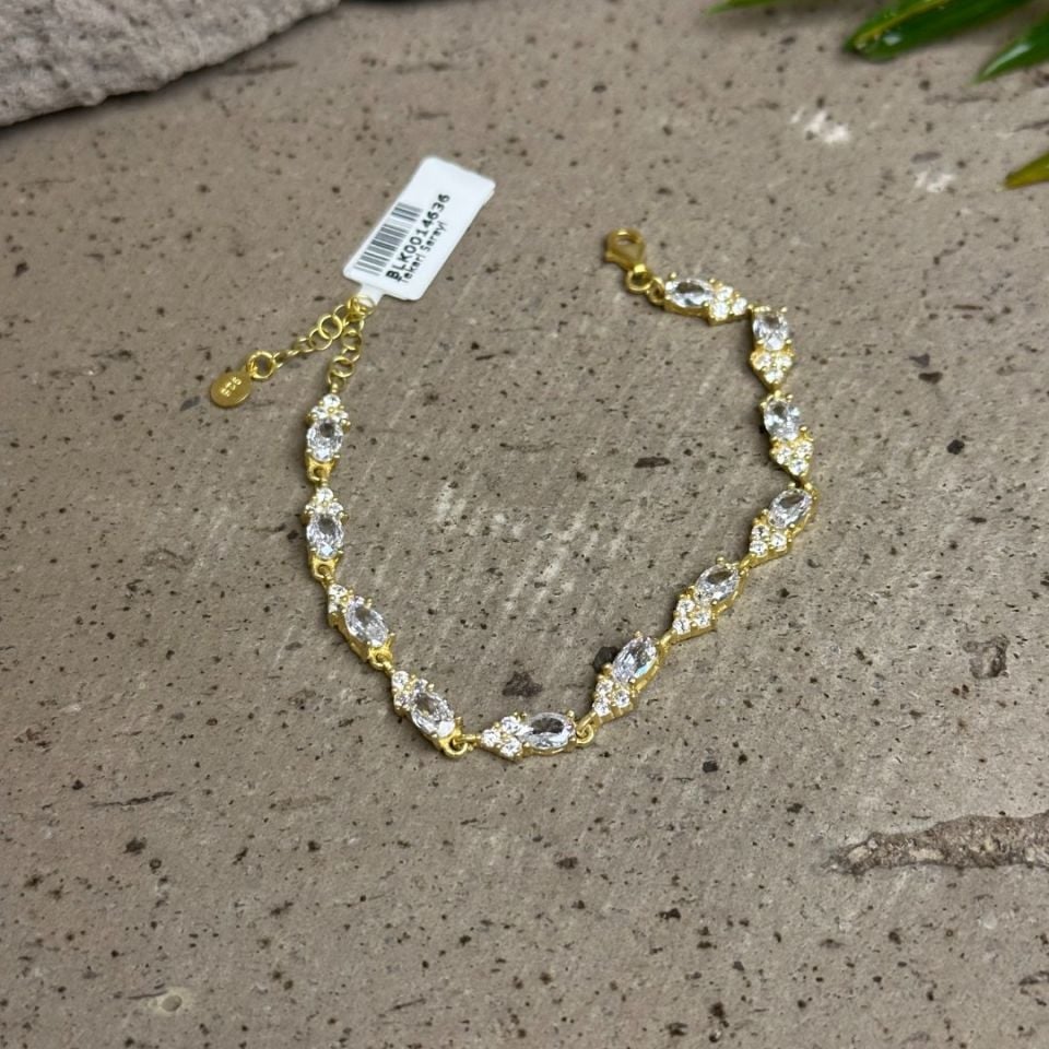 Zirkon Taşlı 925 Ayar Gold Renk Gümüş Bileklik