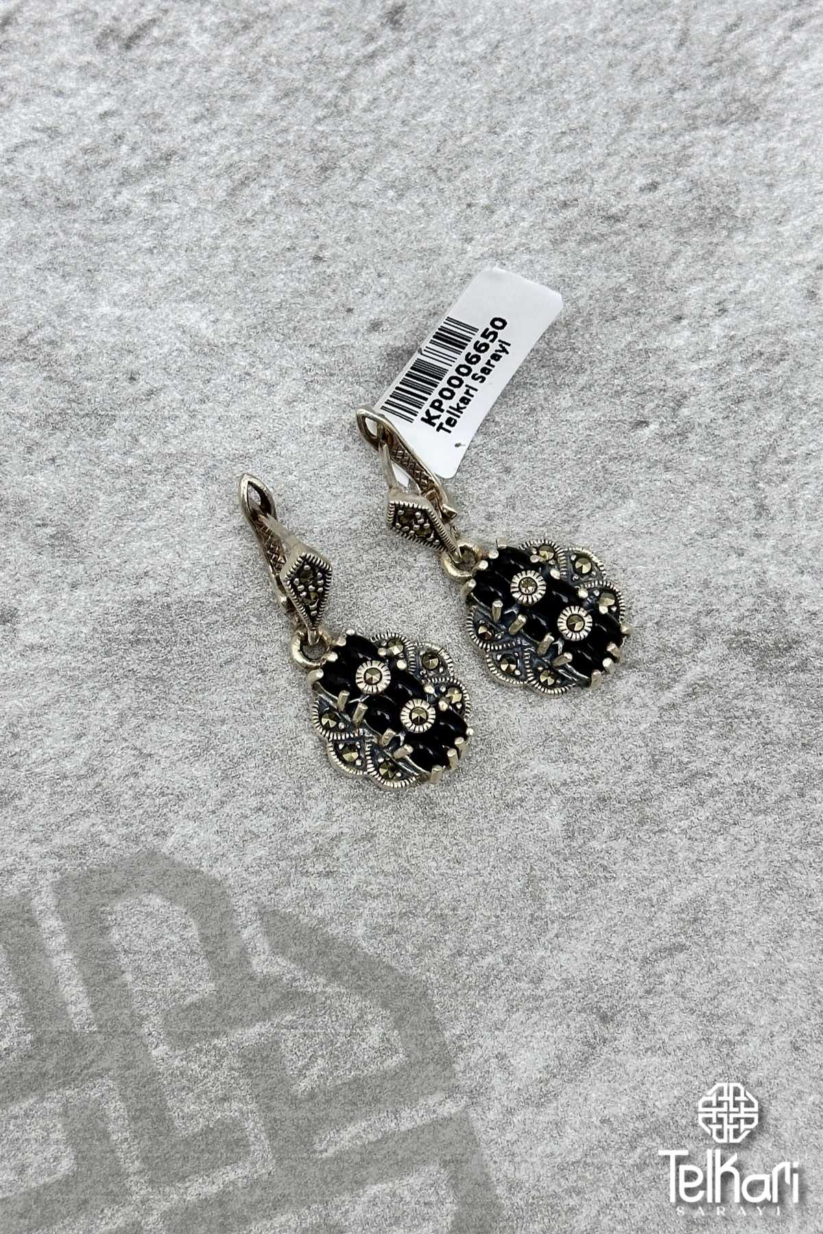 Onix Taşlı Gümüş Markazit Küpe