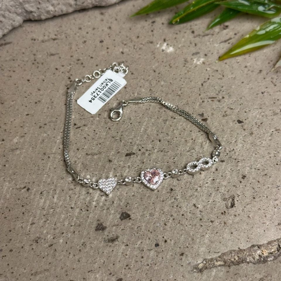 Pembe Taşlı Kalp Model 925 Ayar Gümüş Zarif Pandora Bileklik