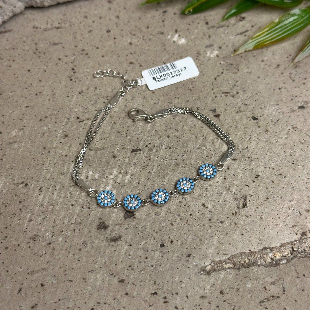 Turkuaz Taşlı Sıralı Nazarlık Tasarımlı 925 Ayar Gümüş Bileklik