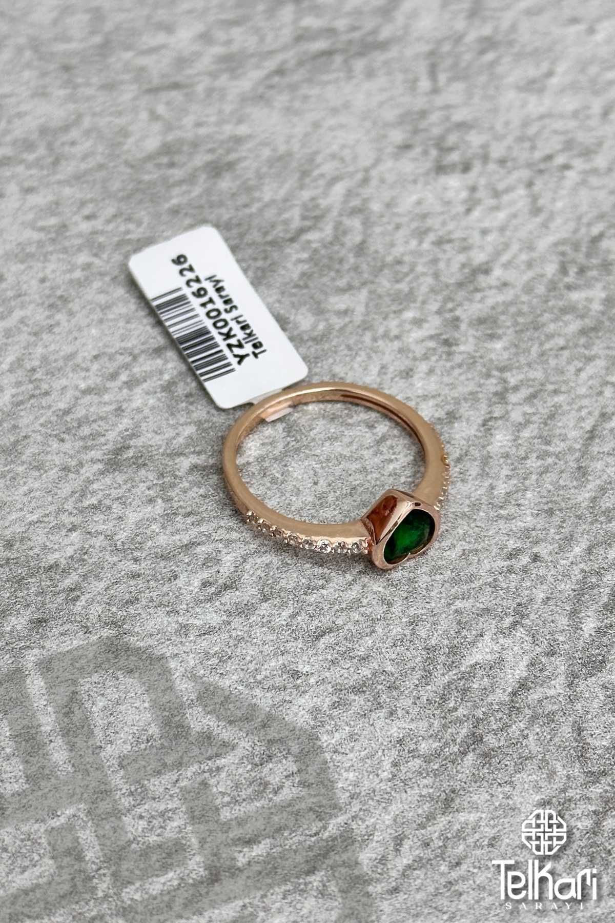 Yeşil Kalpli Model Taşlı Rose Gümüş Yüzük