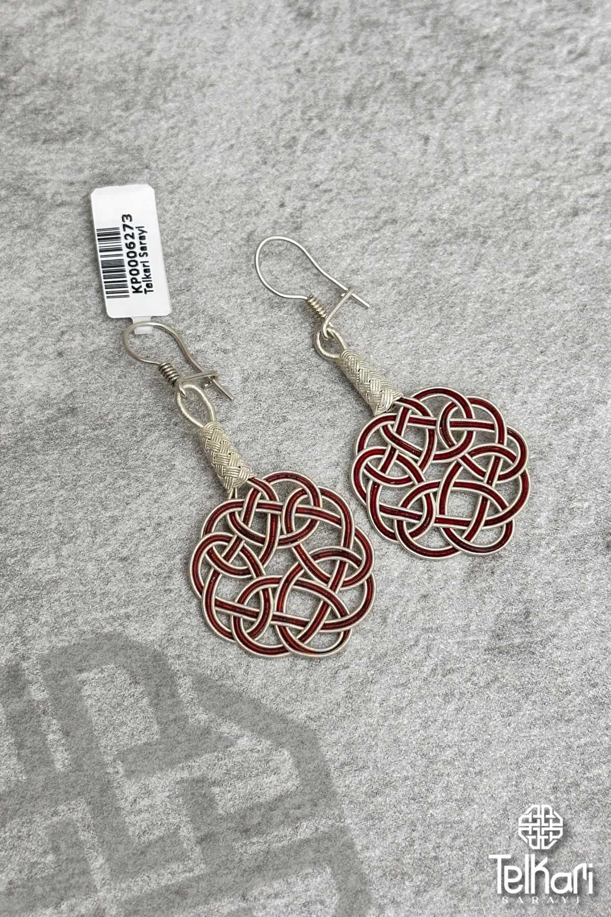 Kırmızı Detaylı Aşk Düğümü El Örmesi Kazaziye Gümüş Küpe