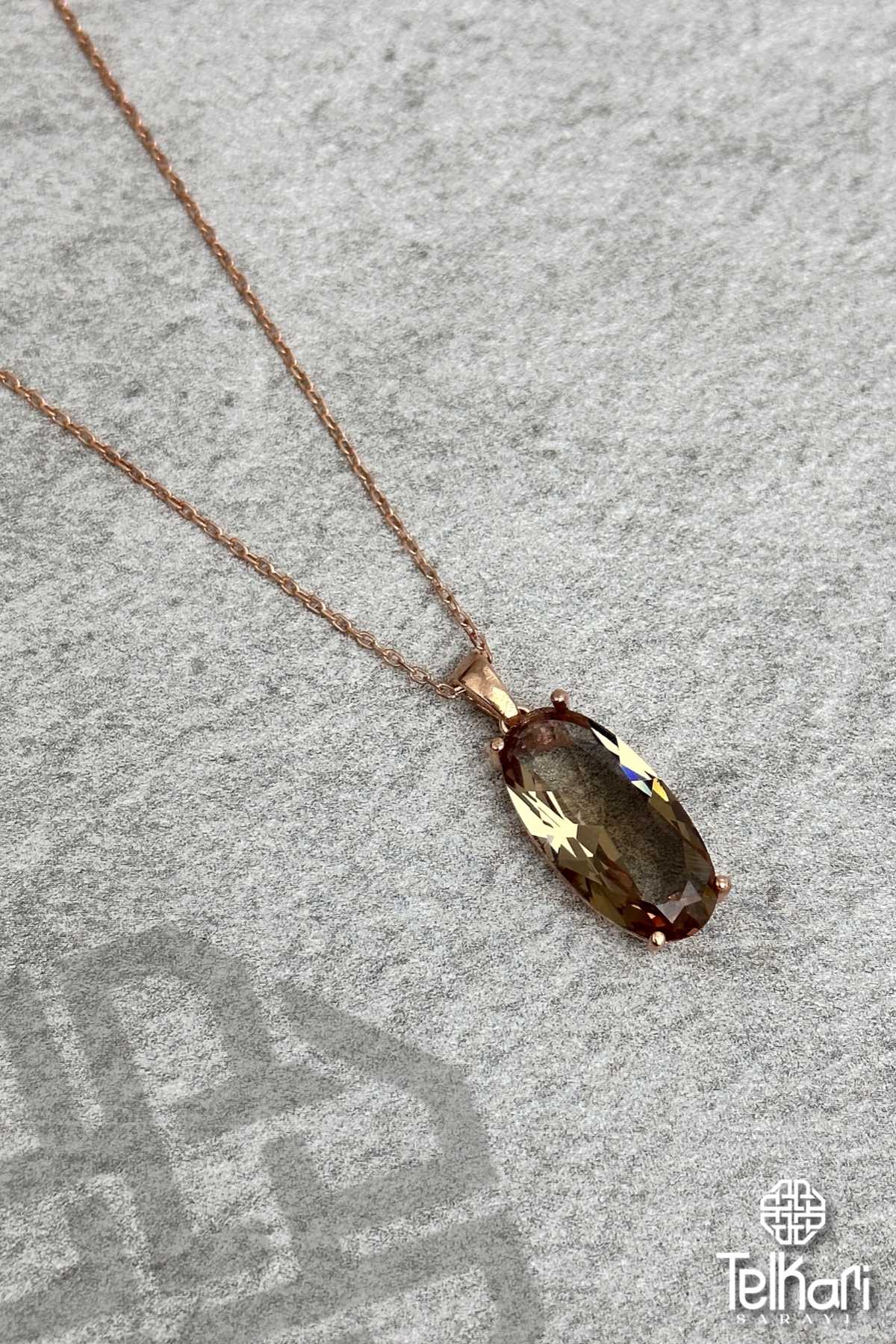 Uzun Oval Model Renk Değiştiren Sultan Taşı Rose Gümüş Kolye