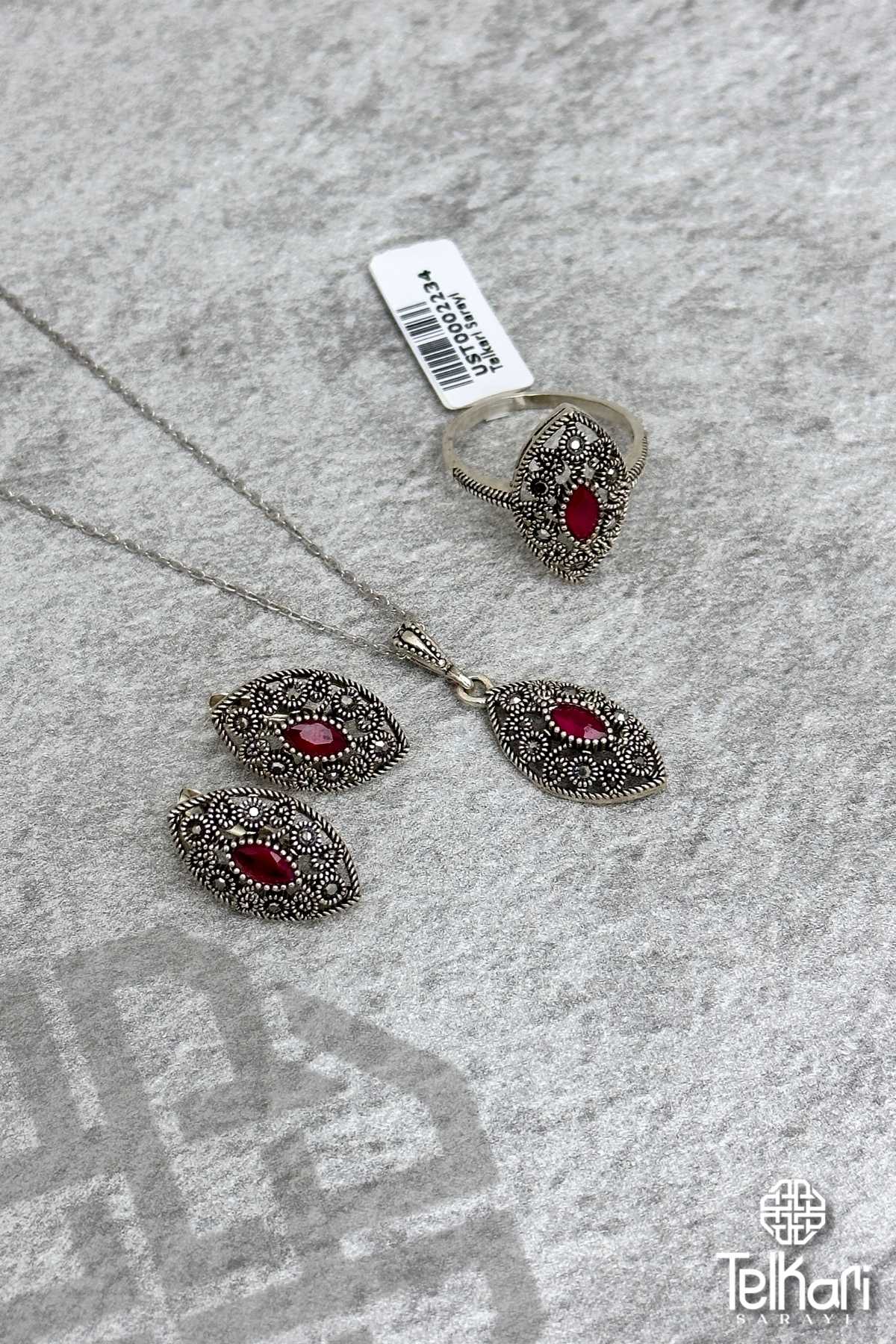 Mekik Model Kök Yakut Taşlı Markazit Üçlü Set