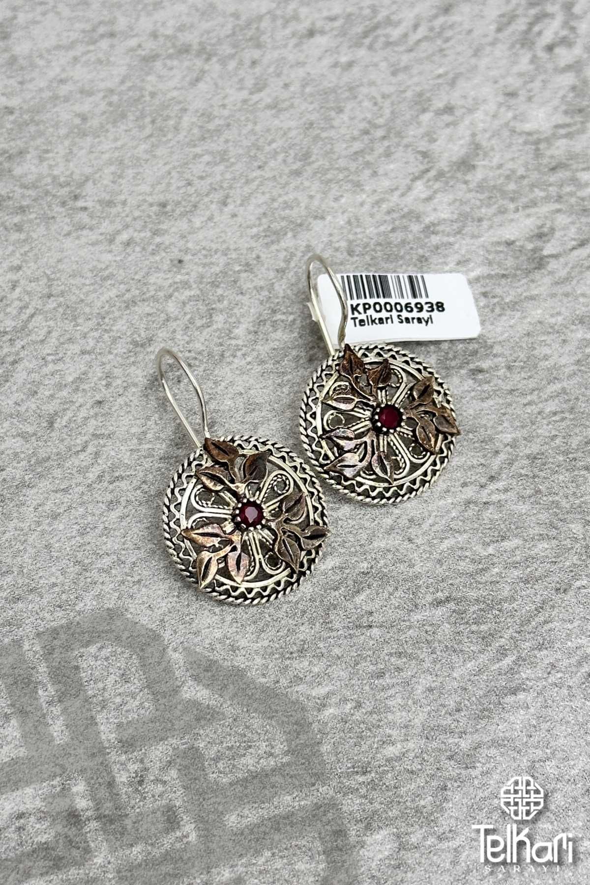 Yaprak Figürlü Taşlı Oksitli Telkari Gümüş Küpe