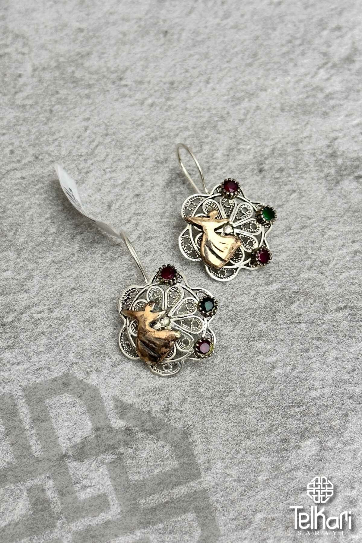 Semazenli Tasarım Çiçek El İşçilikli Oksitli Telkari Gümüş Küpe