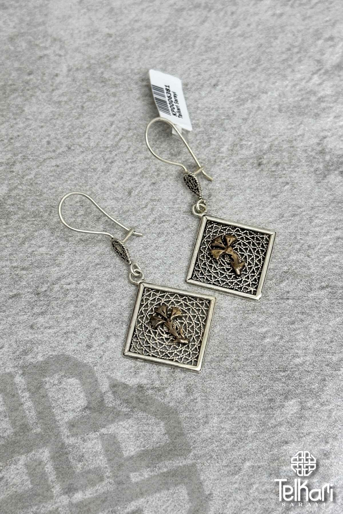 Kare El İşçilikli Oksitli Telkari Gümüş Küpe