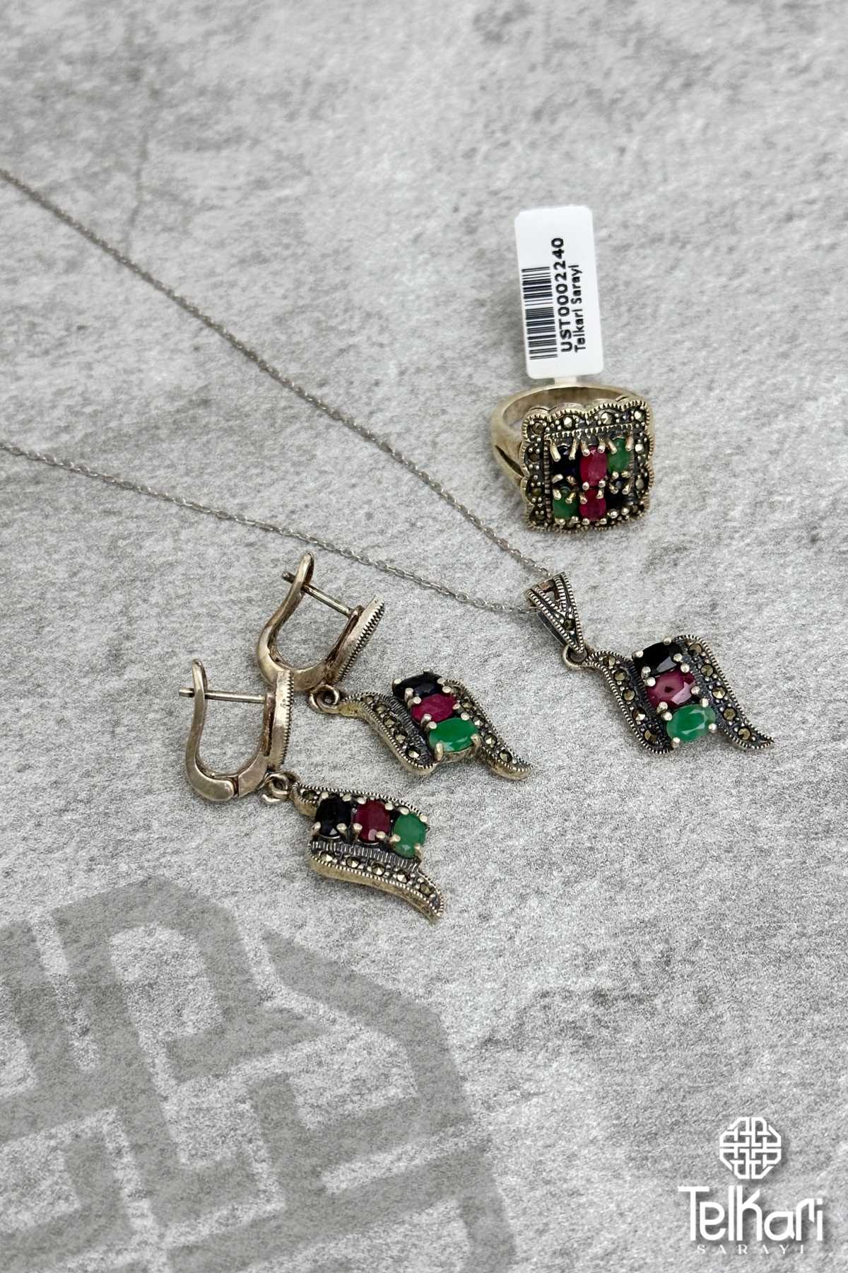 Doğal Taşlı Kare Model Markazit Üçlü Set